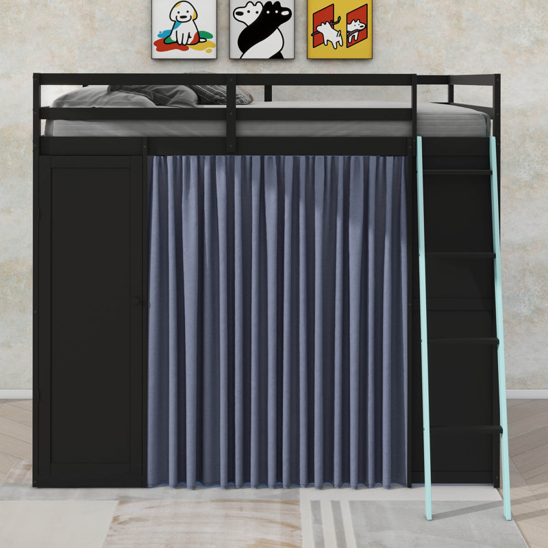 Lit mezzanine double avec garde-robe, tablettes, rideaux occultants et éclairage RVB, Noir / Bleu