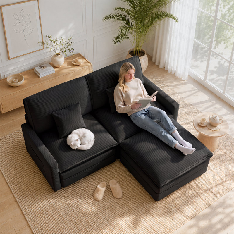 Causeuse rembourrée 74 po avec repose-pieds, canapé en velours côtelé 74 po, 74,4 po x 3 places, Noir