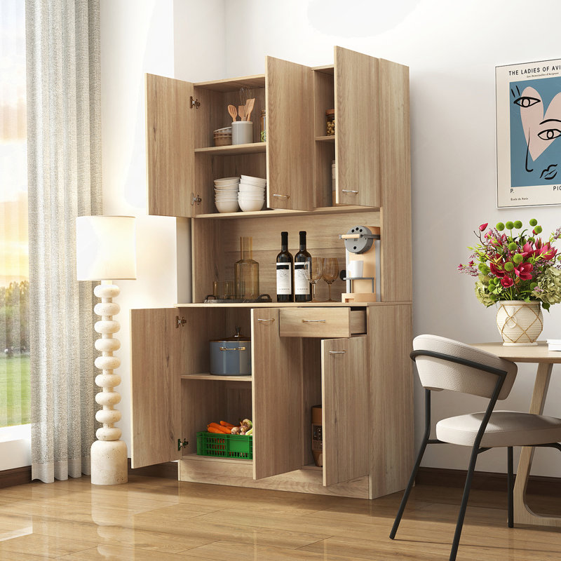 Armoire de cuisine haute de 70,87 po Hollen, avec 6 portes, 1 tablette ouverte et 1 tiroir, Bois