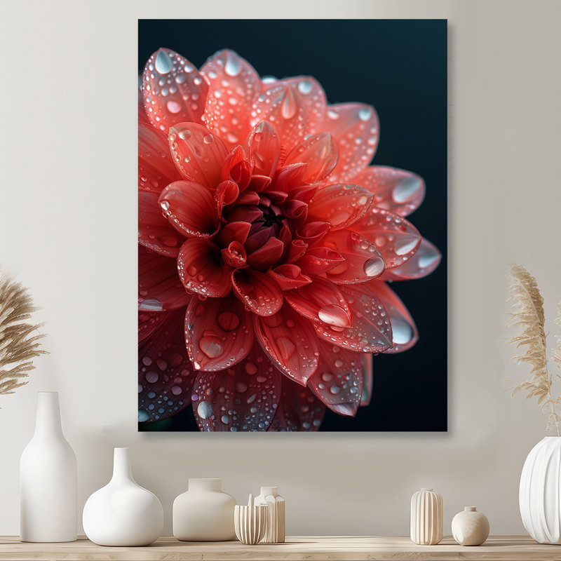 Dahlia nuance rouge nuances monochromes - art mural dans le salon, Métal métal, H 30 po x l 40 po x P 1,5 po