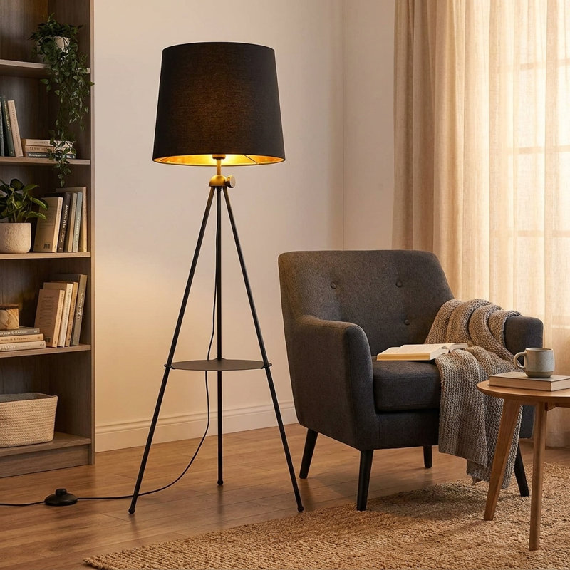 Modern Tripod Floor Lamp with Shelves, Black Standing Shelf Lamp with Fabric Shade and Foot Switch for Living Room, Bedroom and Apartment
