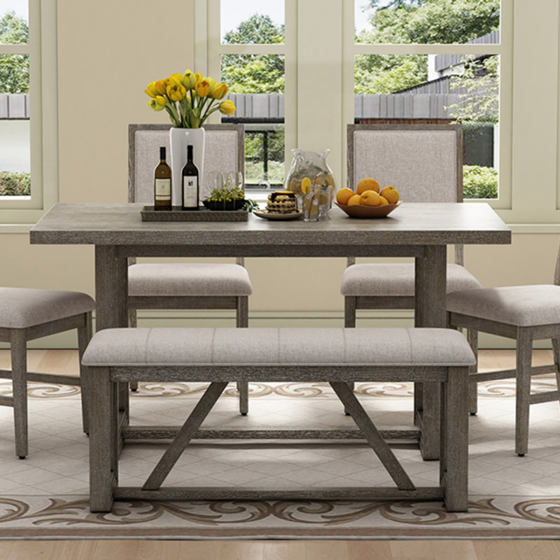6-Piece Retro Dining Table Set With Trestle Base, Spacious 60-Inch Wood Table And Comfortable Chairs And Bench For Family Gatherings, Dining Table Set