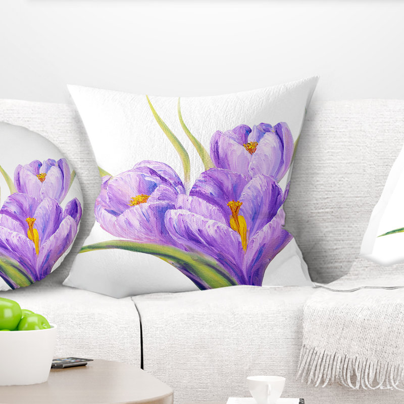 Crocus sur fond blanc - coussin à imprimé floral, 16 po x 1 po, Coussin décoratif