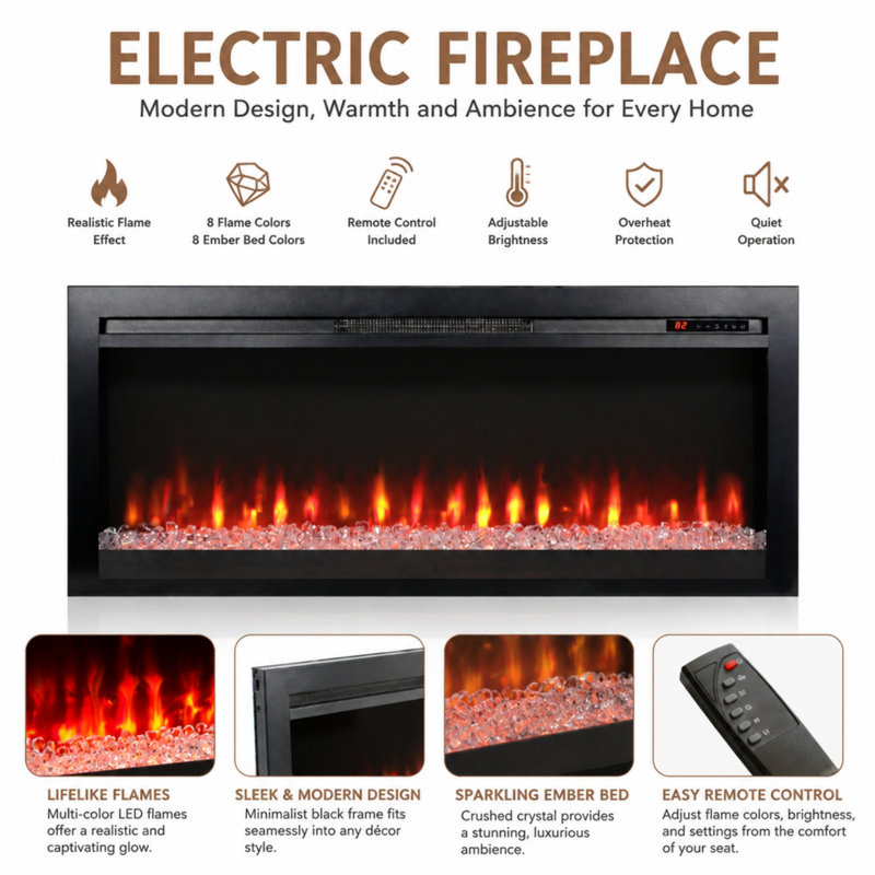 Foyer électrique encastré 44'' - Puissance de 5000 BTU - Flammes DEL multicolores, télécommande