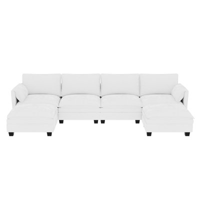 141.5'' Large Size 6 Seater U-Shaped Fabric Couch With Movable , Side Pocket Armrest, Breathable Skin-, Springs, Stable Hardware, Office Use Modern And Large, Beige, Comfortable Soft Support, Frame,