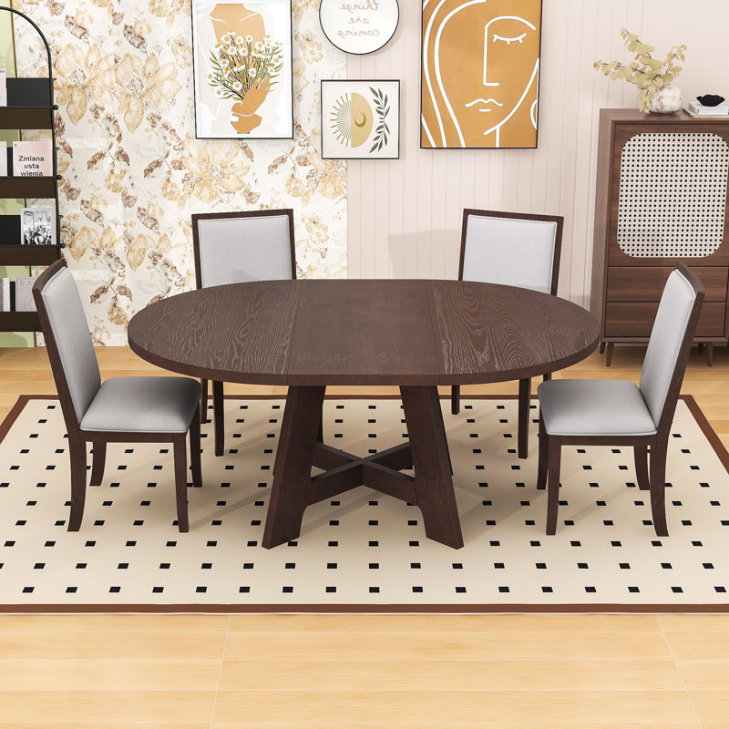 5-Piece Dining Table Set, Wood Extendable Dining Table with Removable Leaf and 4 Upholstered Chairs, Dark Espresso
