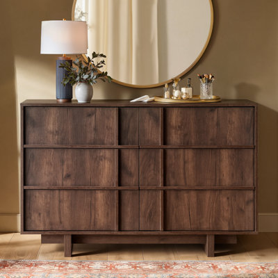 6 Drawer Dresser, Mid Century Modern Dresser With Storage, 47" Wide Chest Of Drawers With Skeleton Line & Wood Grain Texture, Minimalist Dresser Tv Stand For Bedroom, Living Room, Walnut