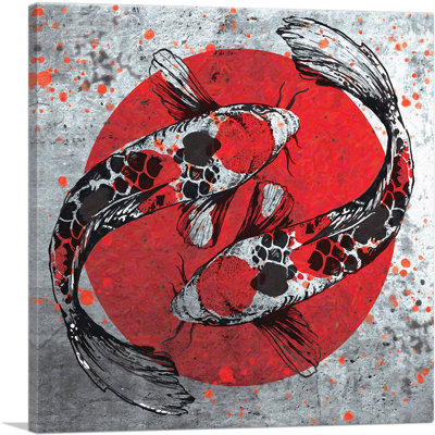 Ying Yang Koi Carp Fish, drapeau du Japon - reproduction d'art sur toile tendue