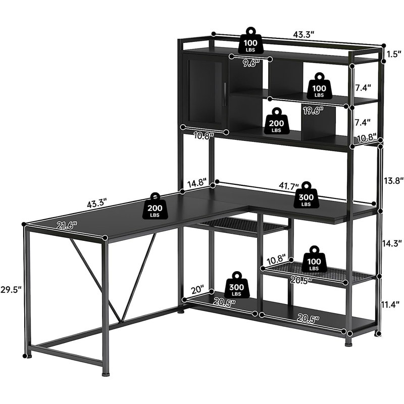 Rustic Brown and Black L-Shaped Computer Desk with Shelves and LED Lighting
