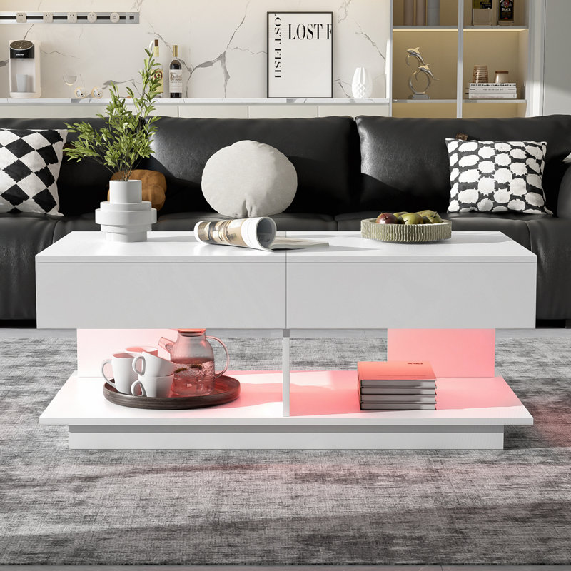 Table basse moderne extensible 41,3 po - 76,7 po avec éclairage DEL et rangement caché Varlix - Finition ultrabrillante