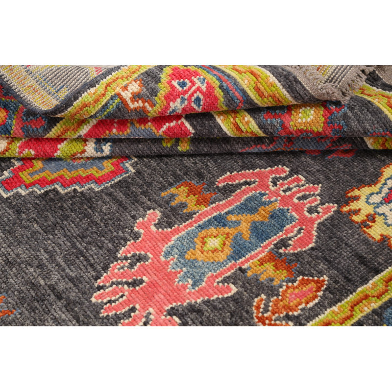 Tapis unique gris anthracite en laine nouée à la main nouvel âge 5 pi 6 po x 7 pi 7 po Oushak