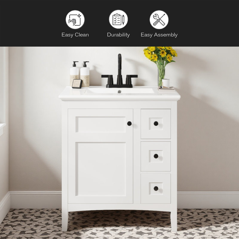 Meuble-lavabo moderne de 30 po avec lavabo en céramique, salle de bain blanche avec 3 tiroirs, armoire de rangement moderne en bois massif, idéale pour la maison