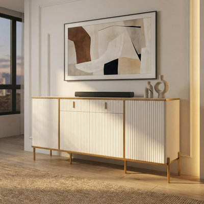 60" Modern Fluted Sideboard Buffet Cabinet with Gold Accents, White Storage Cabinet for Living Room
