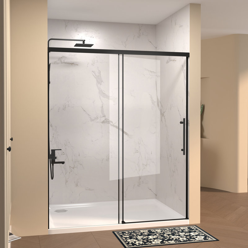Porte de douche coulissante simple sans cadre l 60 po x H 72 po, verre trempé transparent, finition noir mat | Idée de cadeau