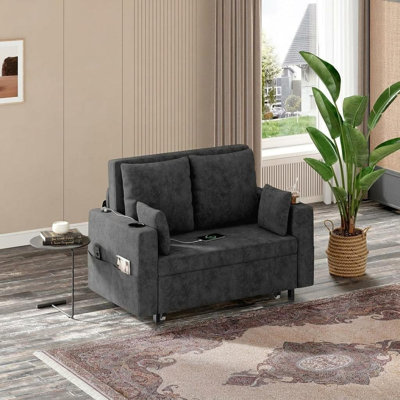 Canapé-lit convertible 3-en-1 avec causeuse - Canapé-lit escamotable de 56 po avec porte-gobelets et charge USB - Peut supporter jusqu'à 1000 lb - Conception multifonctionnelle moderne pour le salon ou l’appartement - Gris foncé