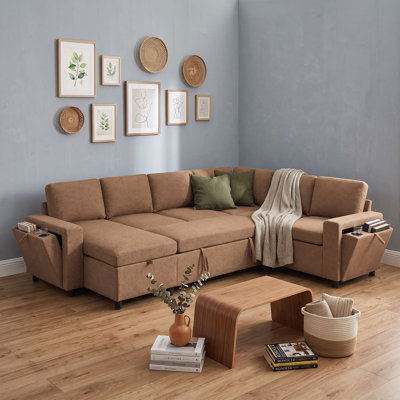 U-Shaped Convertible Sectional Sleeper Sofa with Hidden Storage, USB Charging Ports and Cup Holders