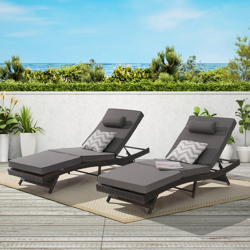 Outdoor Wicker Long Reclining Chair Set of 2, Dark Gray