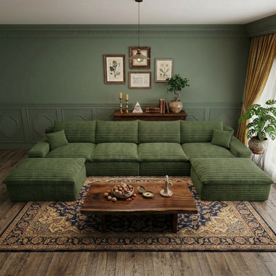 134.5"Oversized Boneless Couch, U Shaped Sectional Couch for Living Room Furniture, Cloud Corduroy Sofa with Ottoman, Deep Seat, No Assembly Required,green