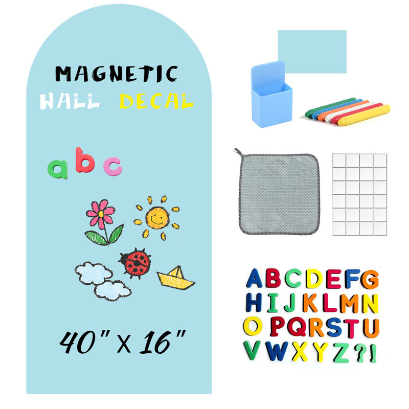 Ensemble de décalcomanies magnétiques pour tableau noir, autocollant de tableau noir arqué 40 po x 16 po avec ensemble de lettres de l'alphabet, craies, gomme à effacer, support, panneau amovible en PP bleu