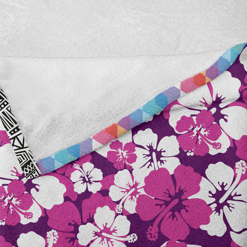 Ambesonne Violet Fleece Throw Blanket Graphical Hibiscus Art, 50" W x 70" L