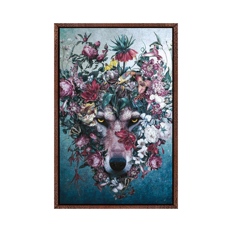 Flower Wolf II by Riza Peker - Print on Canvas, 66.04cm H x 45.72cm W x 3.81cm D, Classic Brown Wood Floater Framed