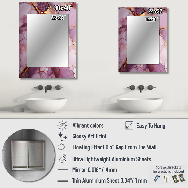 Pink and gold Marble river II - Abstract Unique Wall Mirror, Modern Mirror, Printed Metal Art, 32" x 24"