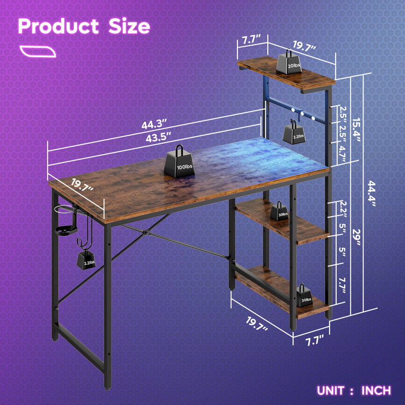 Nedyo RGB LED Computer Desk with Reversible Shelves, 44.49" H x 44.29" W x 19.69" D, Brown