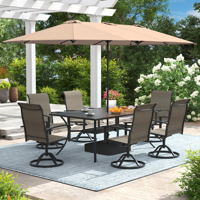 6-Person Rectangular Patio Dining Set With Umbrella & Textilene Swivel Chairs, Brun / Beige