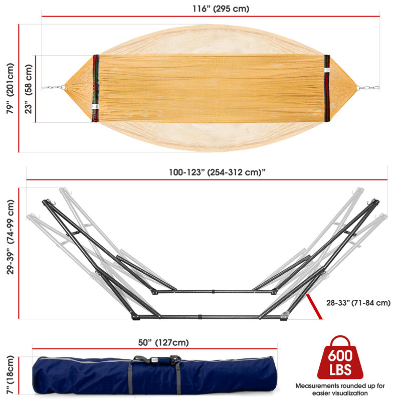  Hamac réglable pour 2 personnes, hamac portatif avec support pliable - salon, cour, porche, filet de hamac avec sac de transport, jaune
