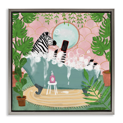 «Zebra Fun Bath Time», toile encadrée flottante noire par Farida Zaman