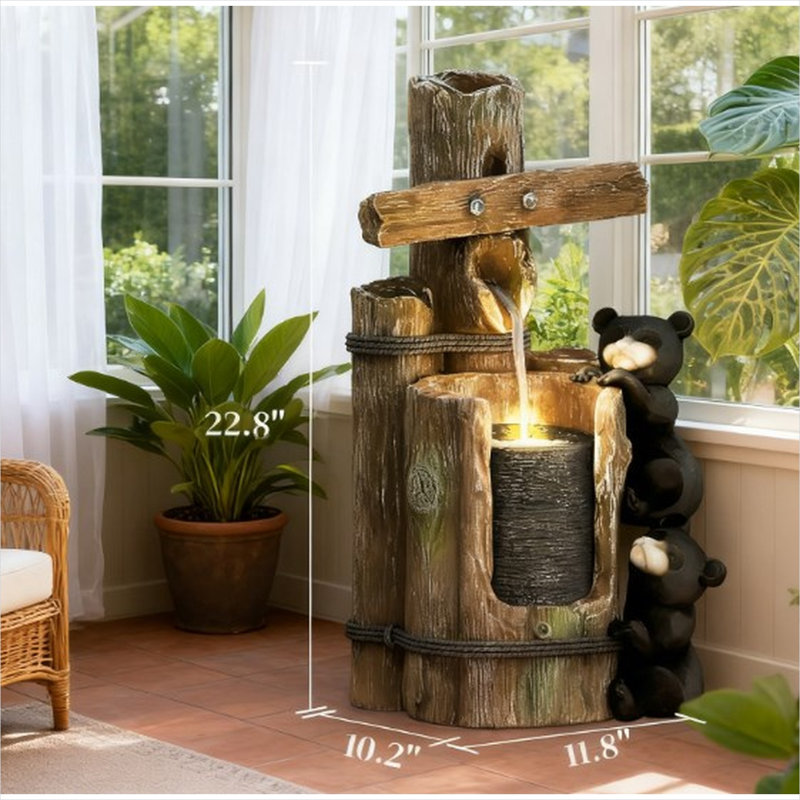 Rustic Matte Black Resin 3-Tier Outdoor Fountain with LED Lights and Climbing Bears, 22.8 H