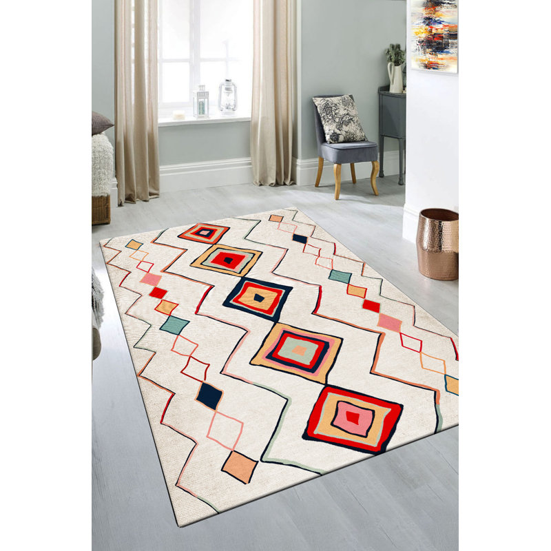 Tapis blanc / rouge / jaune en mélange de polyester tissé à la machine Clary, Rectangle 2 pi 7 po x 3 pi 3 po