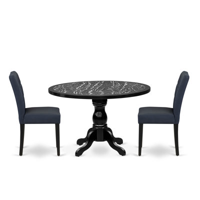5BDCD366DC4C475C8BE9B553523AB352 3-Pc Dining Room Table Set Include a Table with Ebony Wave Marble Pattern Tabletop and 2 Dark Navy Blue Faux Leather