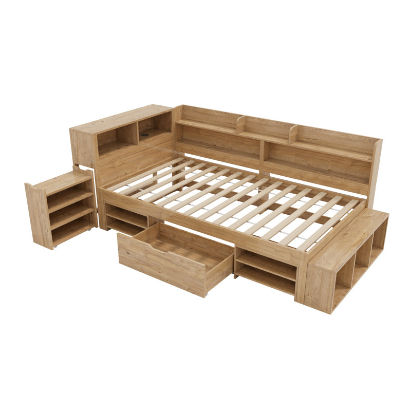 Bed-With Drawers, Bookcase And Storage Cupboard, Single (3'), Natural