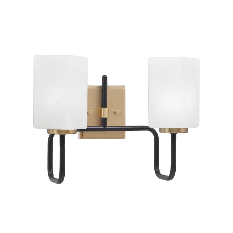 Amarmula 2 Light Bath Bar, Matte Black & New Age Brass Finish, 3.5" Square White Marble Glass, Black/Brass, White
