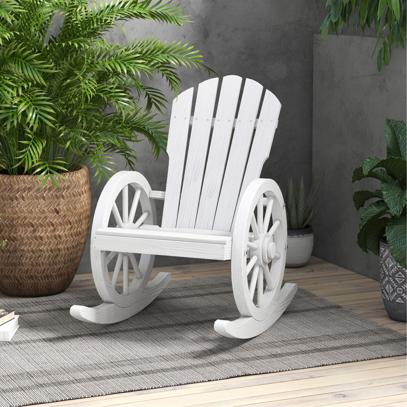 Wooden Rocking Chair, Adirondack Rocker Chair w/ Slatted Design and Oversized Back, Outdoor Rocking Chair with Wagon Wheel Armrest for Porch, Poolside, and Garden, White