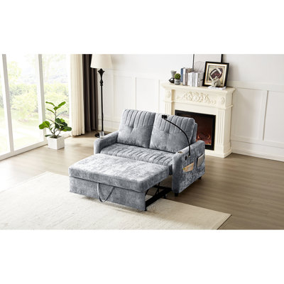 Lit escamotable gris avec rangement réglable et réfléchi, support pour téléphone et poche latérale