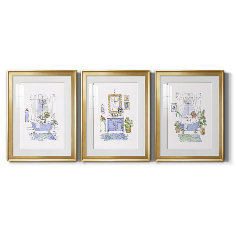 «Sketchy Bath I», ensemble de 3 cadres photo, H 22,5 po x l 91,5 po x P 1,5 po, Encadrement doré
