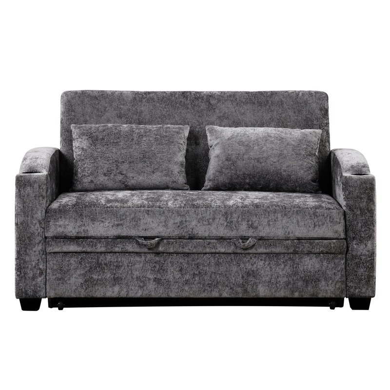 Lit en chenille gris avec porte-gobelets réglables, hublots, 2 coussins et construction pour le salon, Gris