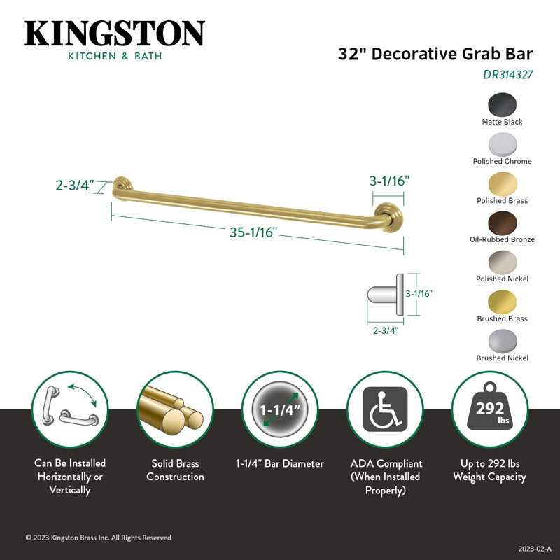 Kingston Brass Restoration 1-1/4 Inch O.D Grab Bar, 32" W, Polished Brass