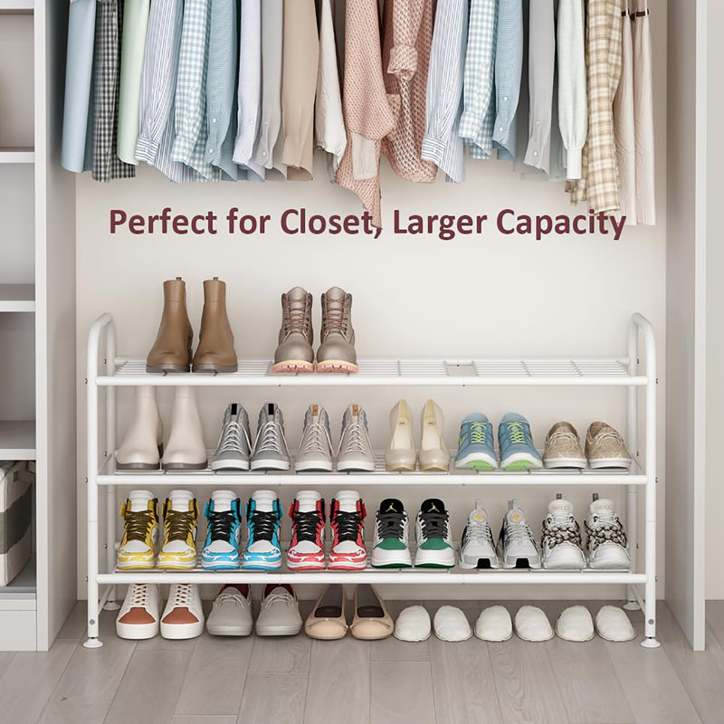 3 Tier Shoe Rack Made of Metal, Exquisitely Designed for Closets and Entryways, White