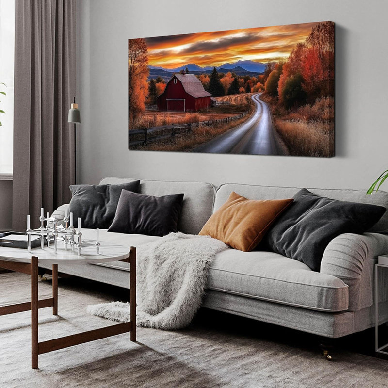 Automne, décoration murale, grange rouge, paysage mural, image naturelle, coucher de soleil, décor de toile pour salon, affiche rustique 24 po x 48 po