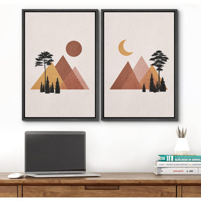 Soleil et lune, paysage de forêt, formes abstraites modernes sur toile, 2 pièces