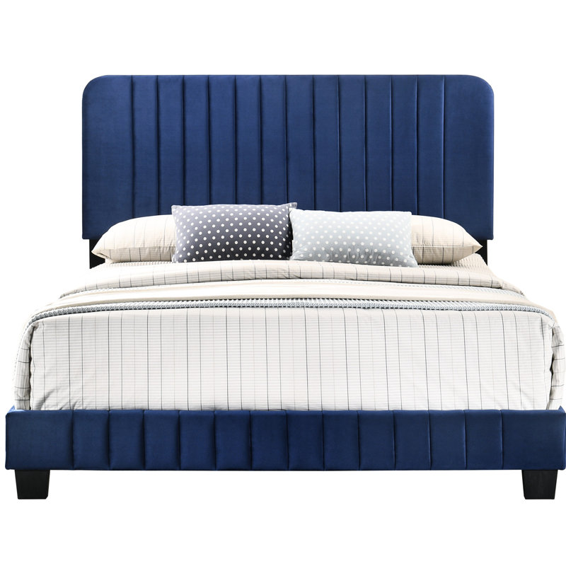 Lit double bleu marine - H 48 po, design contemporain, style chambre à coucher, velours, mousse, matériaux d'assemblage requis, chic