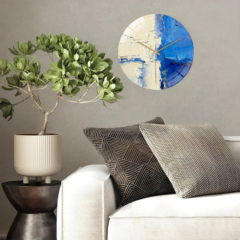 Horloge murale 12 po ronde en verre trempé avec mouvement à quartz silencieux, Bleu/blanc