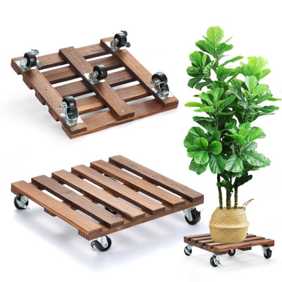 2 Pack Plant Stand With Wheels, 12" Rolling Plant Stand 264 LBS Heavy Duty Wooden Square Plant Caddy With Metal 360° Lockable Caster Wheels, Wood