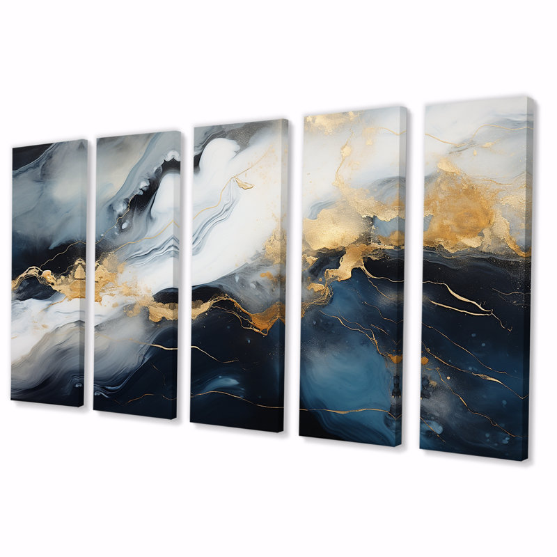 Encre de marbre abstraite dorée et bleue I - ensemble de 5 décorations murales en marbre abstrait, H 28 po x l 60 po