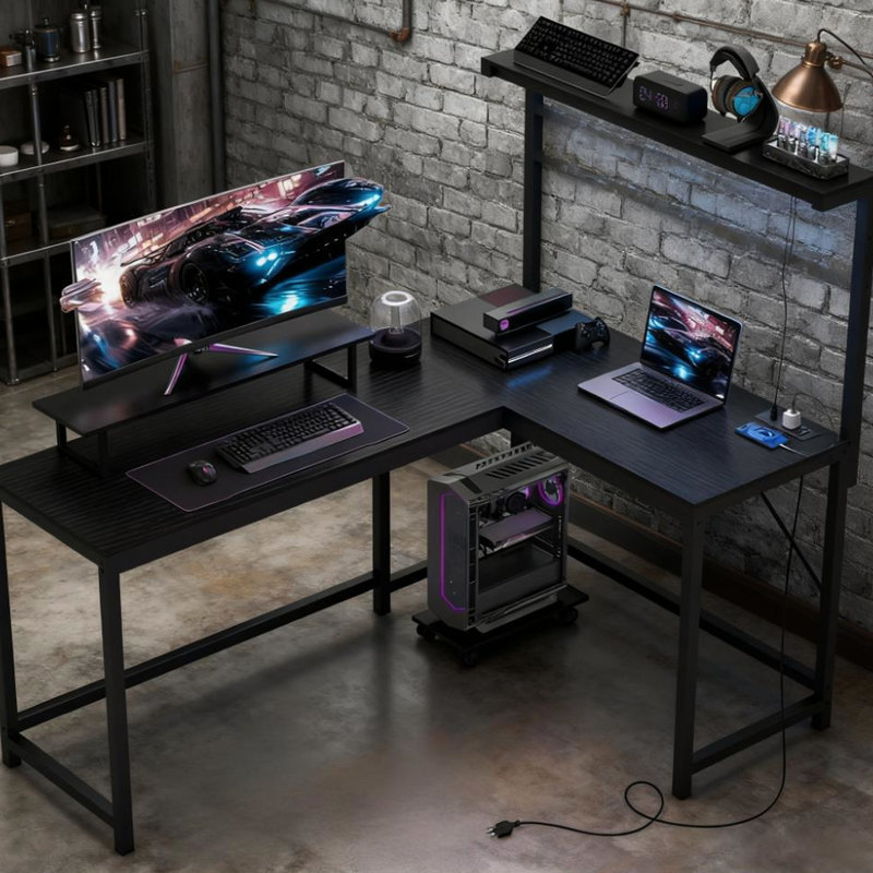 Bureau de jeu en L avec support pour écran et prises de courant, éclairage DEL 7 couleurs 17 modes, ports intégrés, pieds de lumières réglables en acier, espace de travail convertible de couleur design, pieds