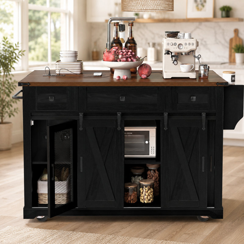 58" Rolling Kitchen Island with Storage and Drop Leaf