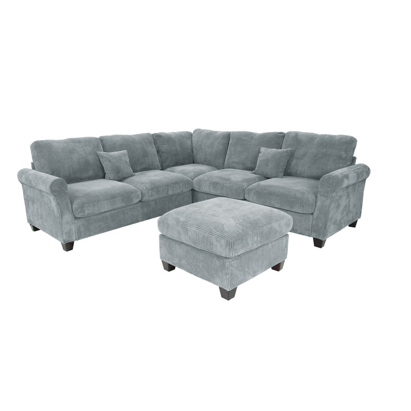 4Pc Sectional Set Matching Pillow Cocktail Ottoman Corner Wedge Right And Left Arm Loveseat Corduroy Upholstered Fog Finish Primary Living Room
